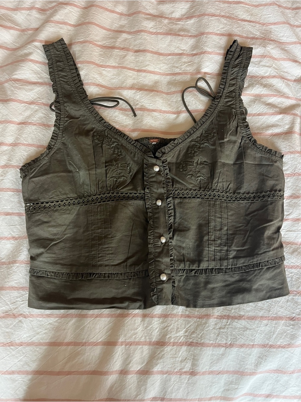 Free People Olive Green Button-Front Cropped Tank Top